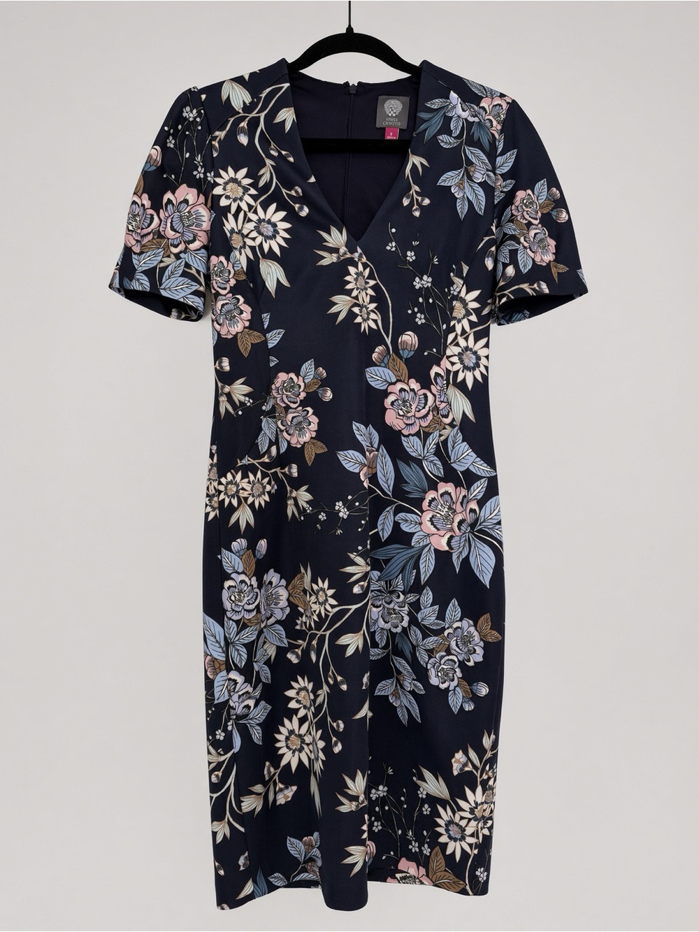 NWT Vince Camuto Navy Floral V-Neck Midi Dress 6 Short Sleeve Chic flattering
